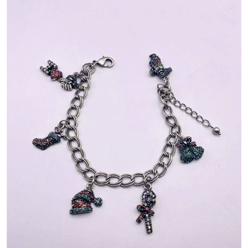 VINTAGE MERRY CHRISTMAS Rhinestone CHARM BRACELET Gift, Tree Candy Cane J3